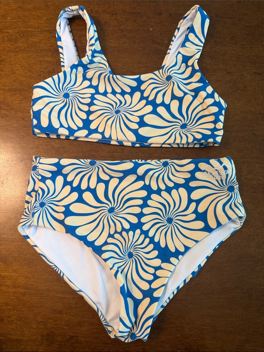 Girls Blue & Cream Floral High-Waist Swim Bikini
